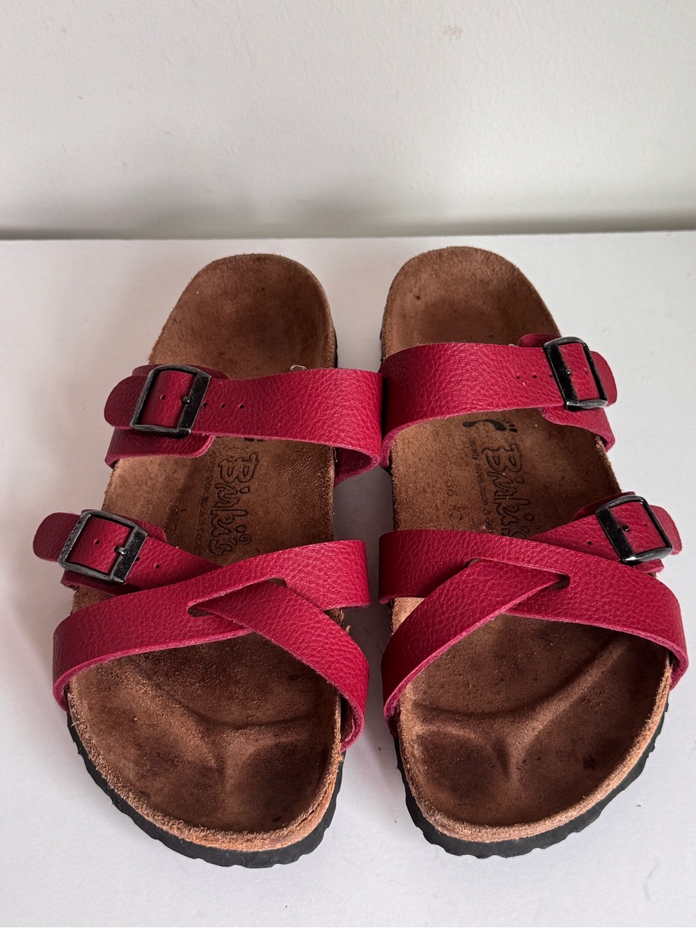 Birki’s Nepal Red Leather Dual Buckle Strap Cork Slide Sandals Unisex W8 M6 - Picture 2 of 8